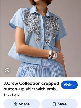 J. Crew Sky Blue Cropped Crystal-Embellished Button-Down